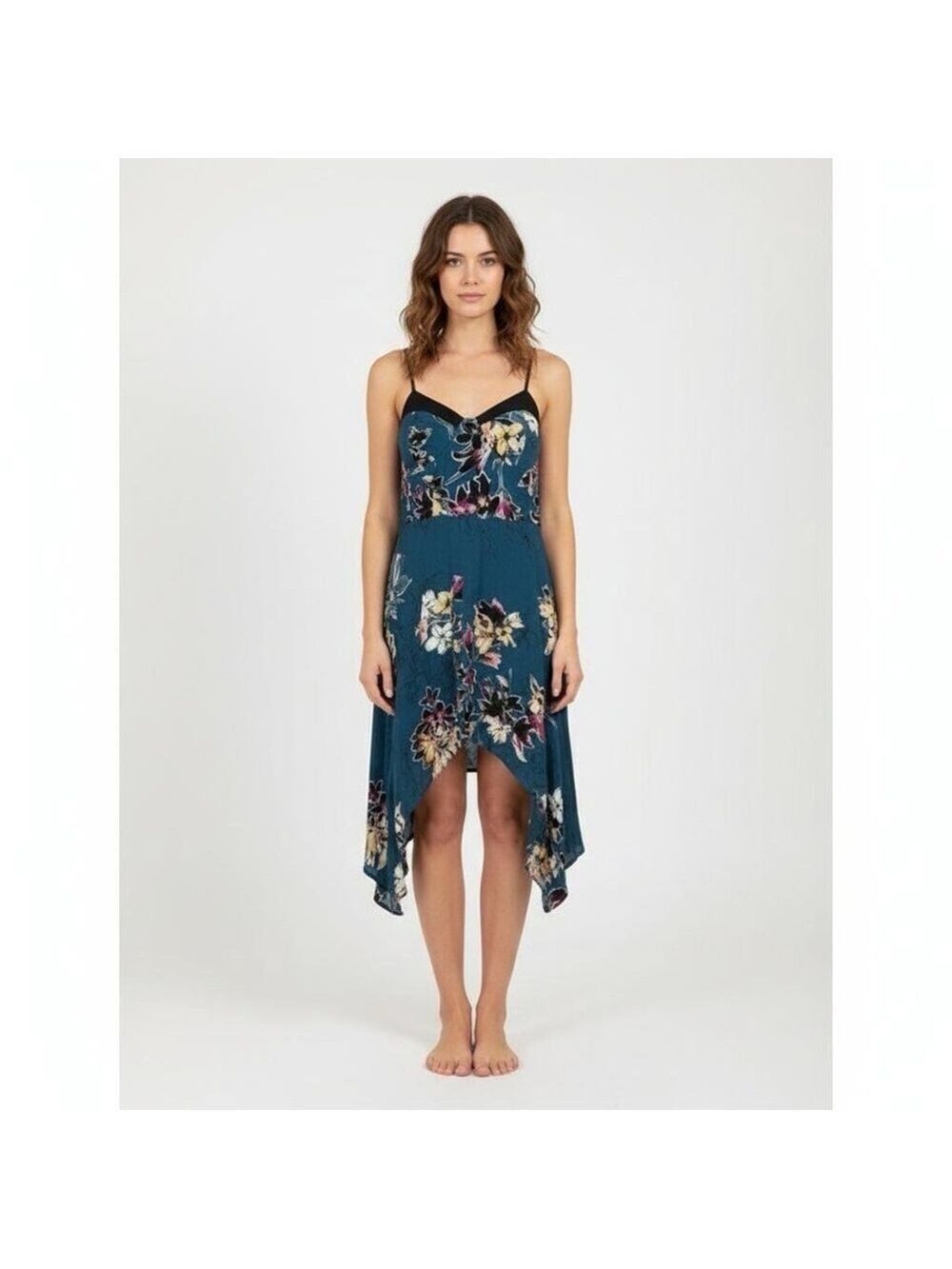 band of Gypsies teal fuchsia asymmetrical floral dress built-in bra size small